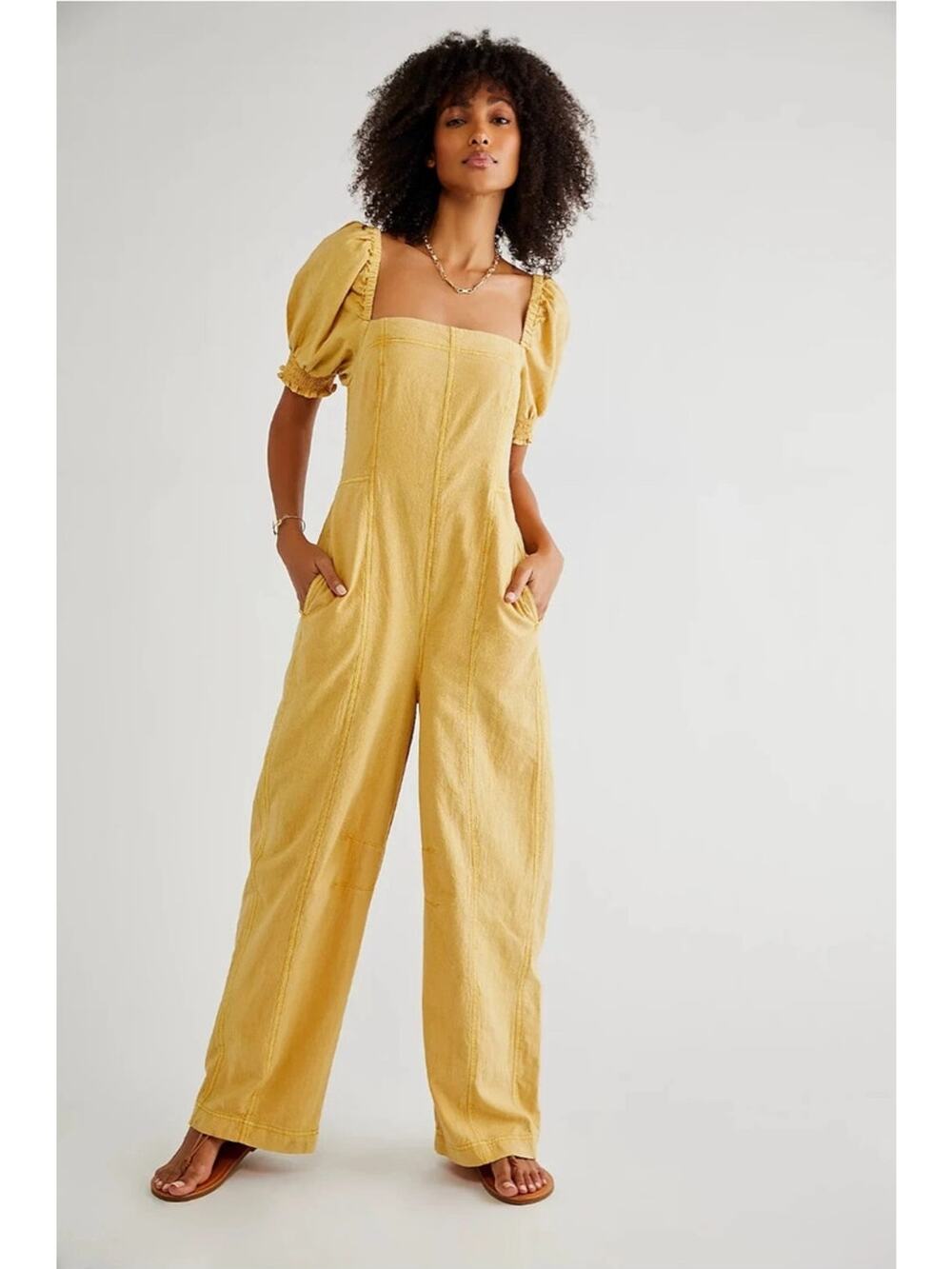 Free People Nicola Wide Leg Jumpsuit Yellow Sz Small Boho